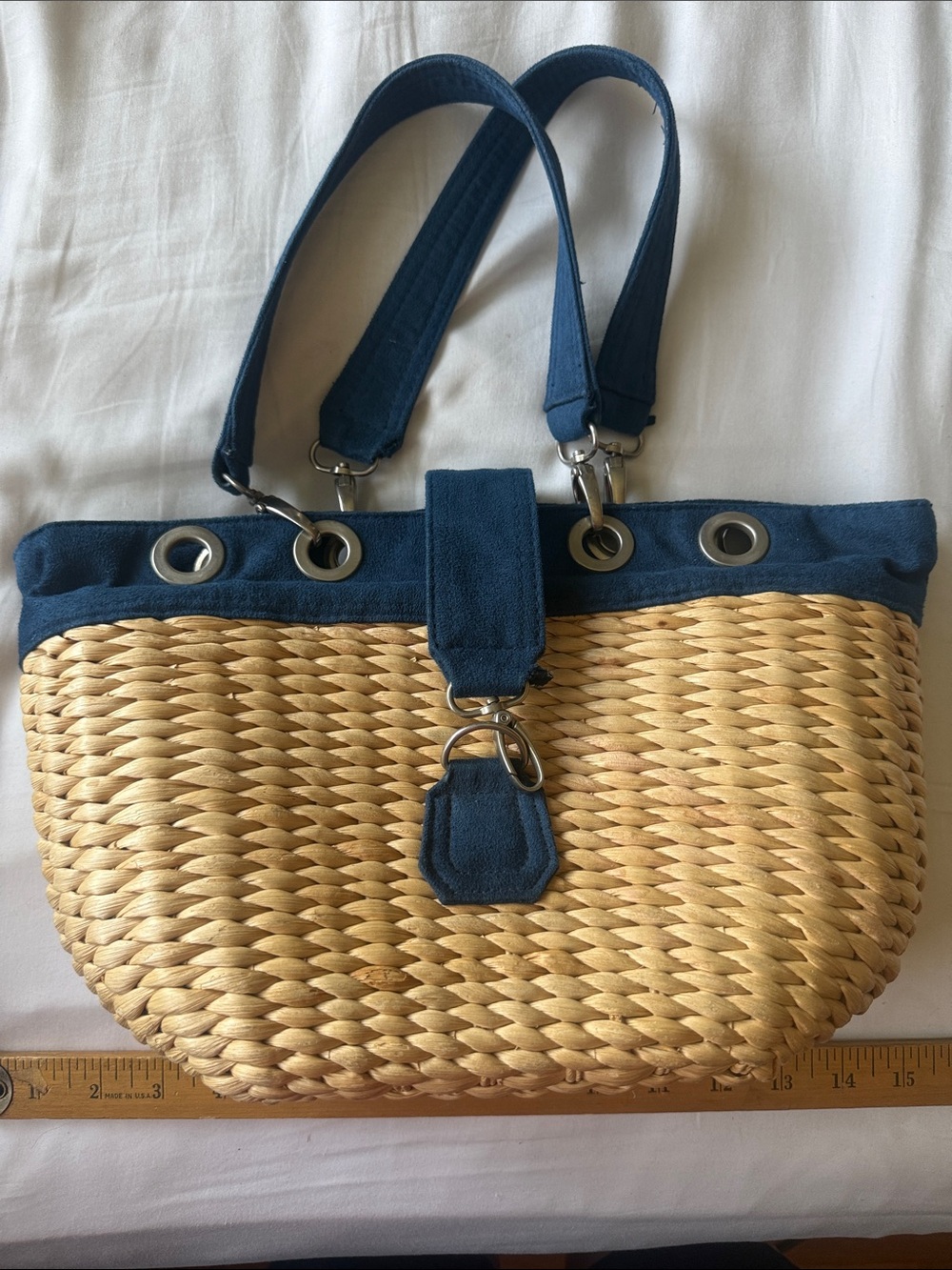 Large Woven Straw Tote Bag Navy Blue Trim Beach Summer Handbag Shoulder Purse